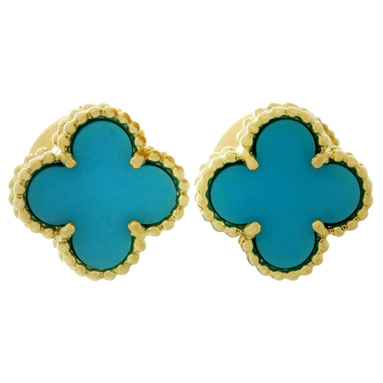 Van Cleef and Arpels Sweet Alhambra Turquoise YG Earrings, VCA Pouch