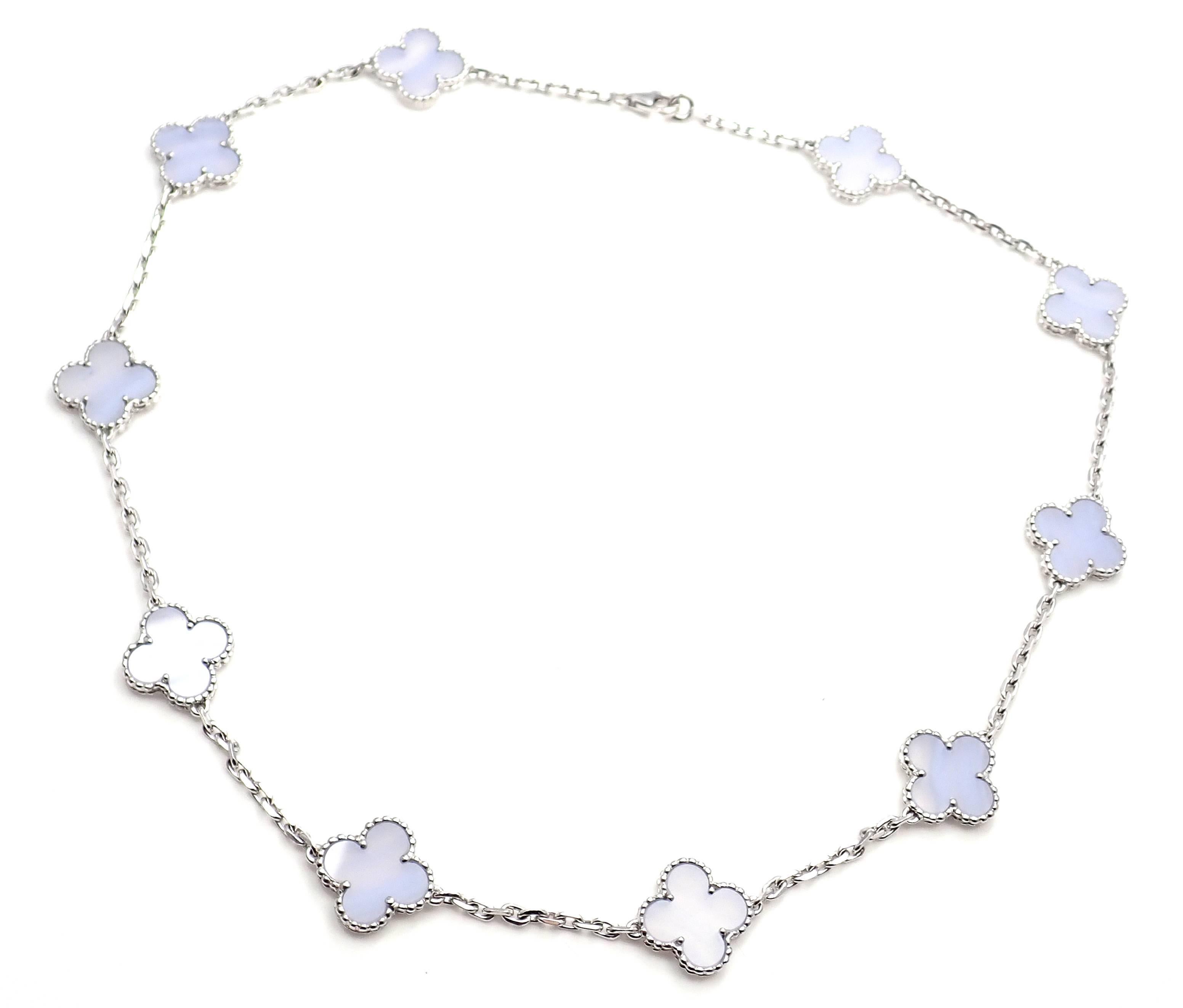 18k White Gold Vintage Alhambra Chalcedony Necklace by Van Cleef & Arpels. 
With 10 motifs of chalcedony alhambra stones 15mm each
This necklace comes with Van Cleef & Arpels certiciate from VCA store.
Details: 
Length: 17