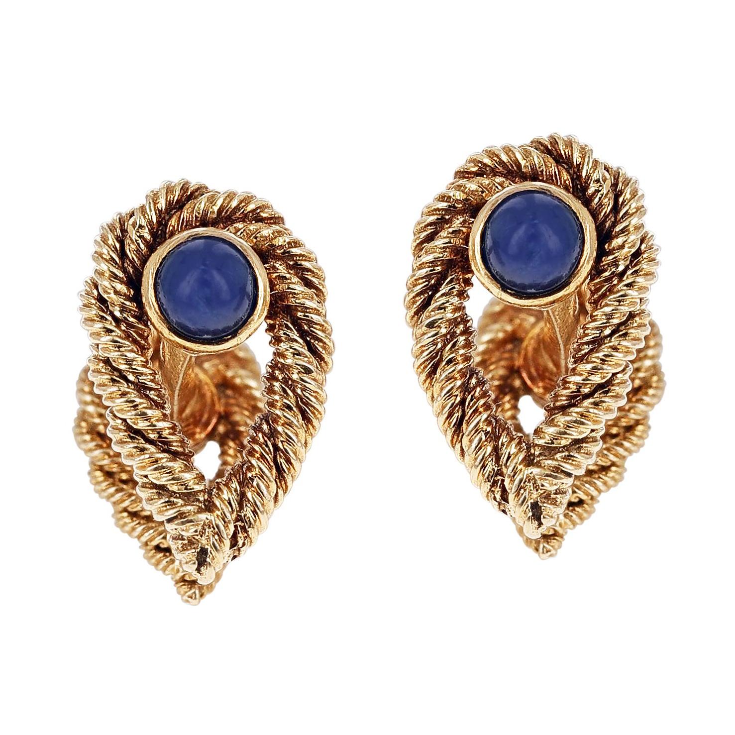 Van Cleef & Arpels Textured Blue Sapphire Cabochon Cufflinks, 18k Yellow Gold