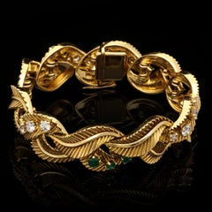 Van Cleef & Arpels Textured Gold Stylised Leaf Bracelet Emeralds And Diamonds