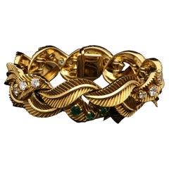 Van Cleef & Arpels Textured Gold Stylised Leaf Bracelet Emeralds And Diamonds