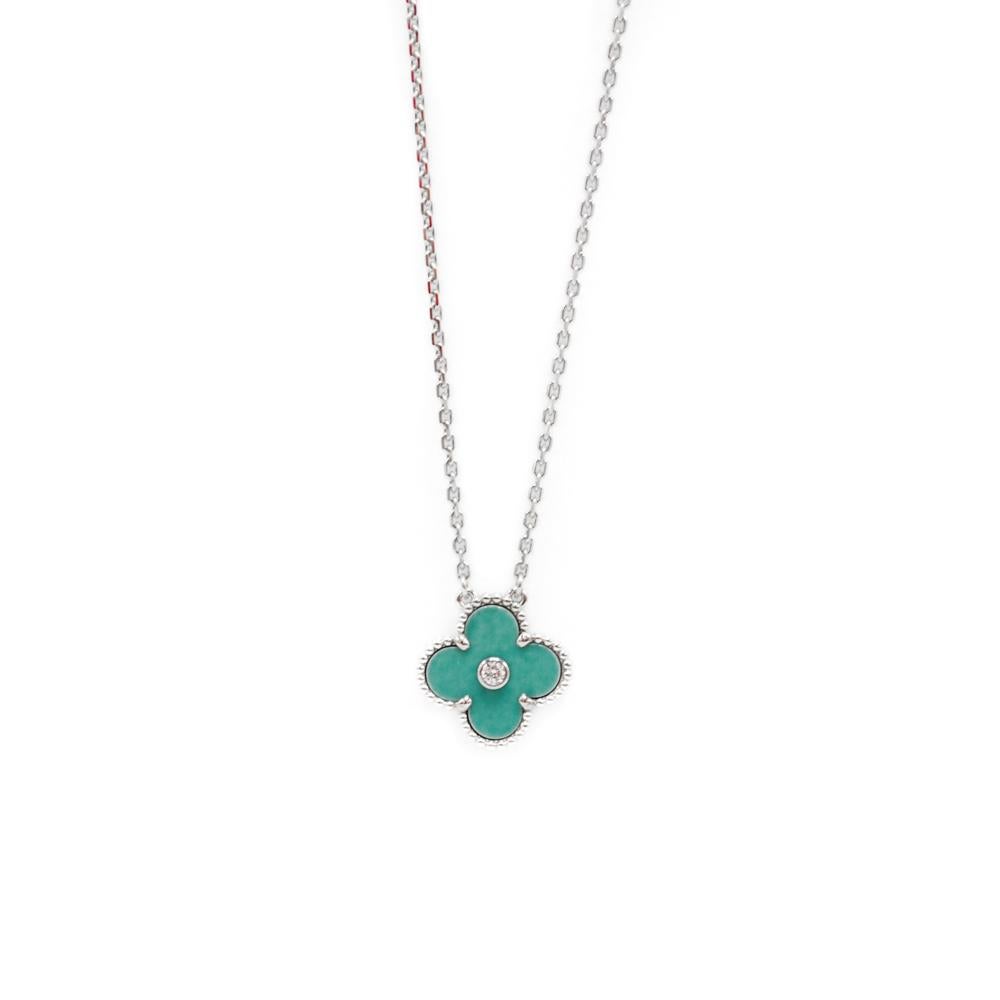 Van Cleef & Arpels

Limited Edition : The Holiday Pendant 2022
White Gold Alhambra pendant with a pastel light green porcelain stone
Never worn 
Comes with complete packaging including authenticity certificate and box
