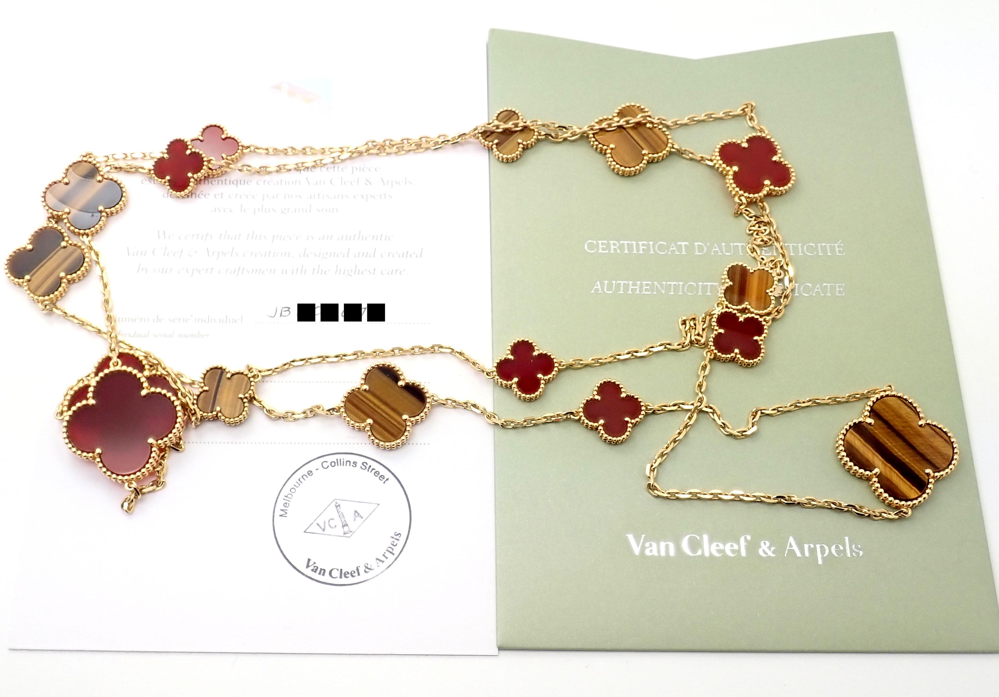 Uncut Van Cleef & Arpels Tiger Eye Carnelian 16 Motif Magic Alhambra Gold Necklace