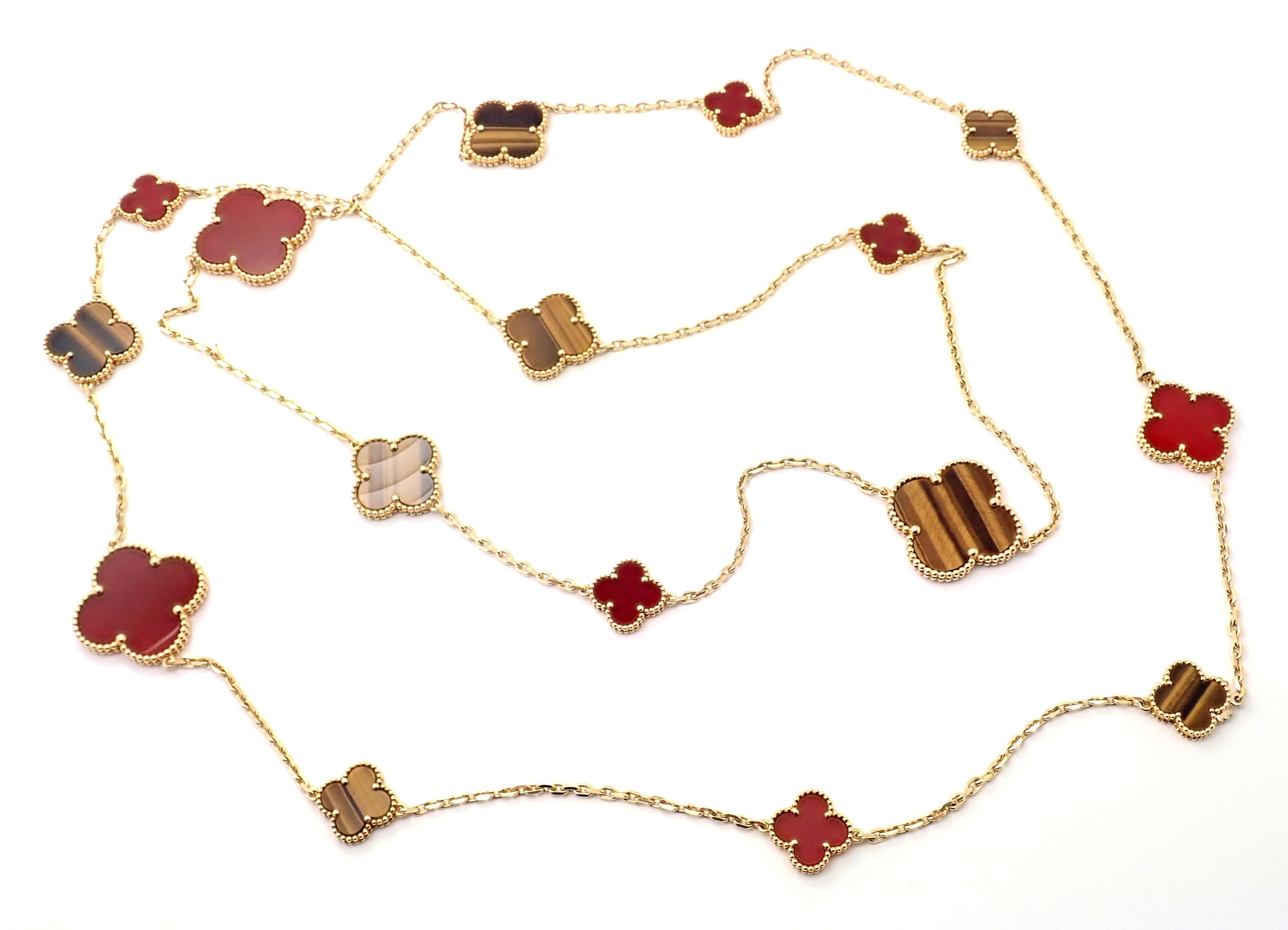Van Cleef & Arpels Tiger Eye Carnelian 16 Motif Magic Alhambra Gold Necklace In Excellent Condition In Southampton, PA