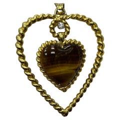 Vintage Van Cleef & Arpels Tiger's Eye Heart Pendant Long Necklace
