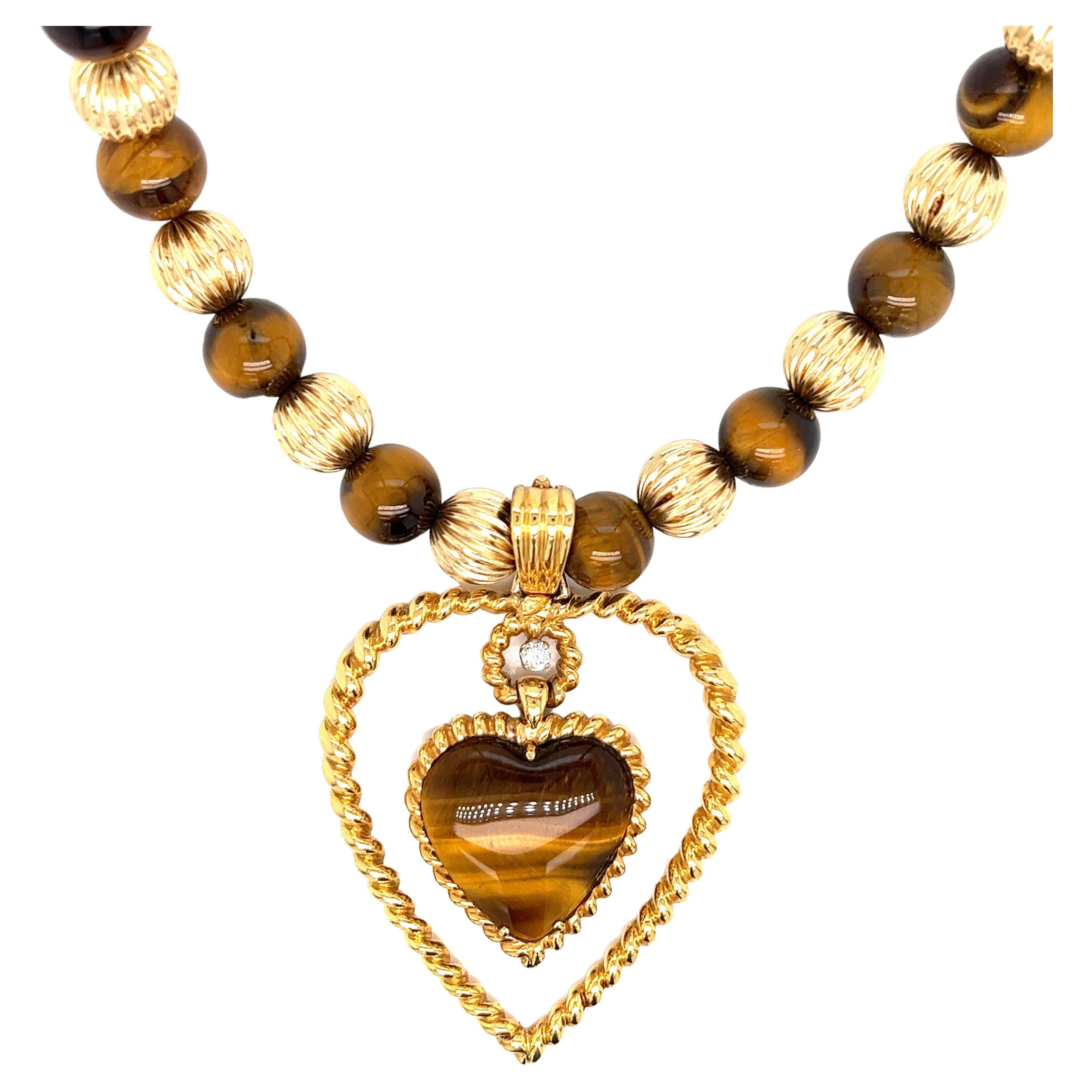 Uncut Van Cleef & Arpels Tiger's Eye Heart Pendant Long Necklace For Sale