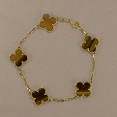Van Cleef & Arpels Tiger's Eye Vintage Alhambra 5 Motif Gold Bracelet