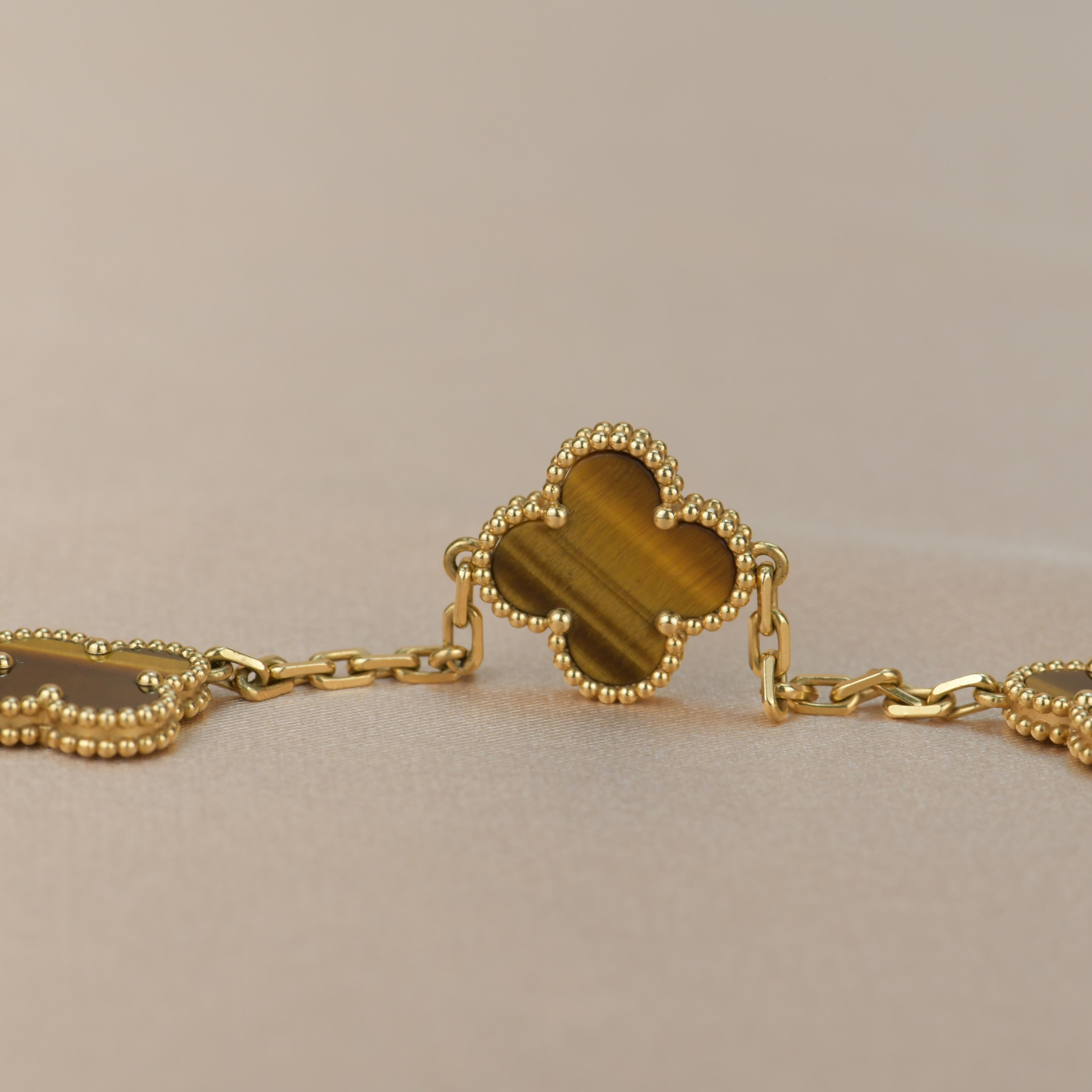 Uncut Van Cleef & Arpels Tiger's Eye Vintage Alhambra 5 Motif Gold Bracelet