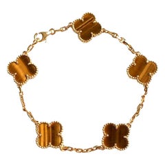 Van Cleef & Arpels Tiger's Eye Vintage Alhambra 5 Motif Gold Bracelet