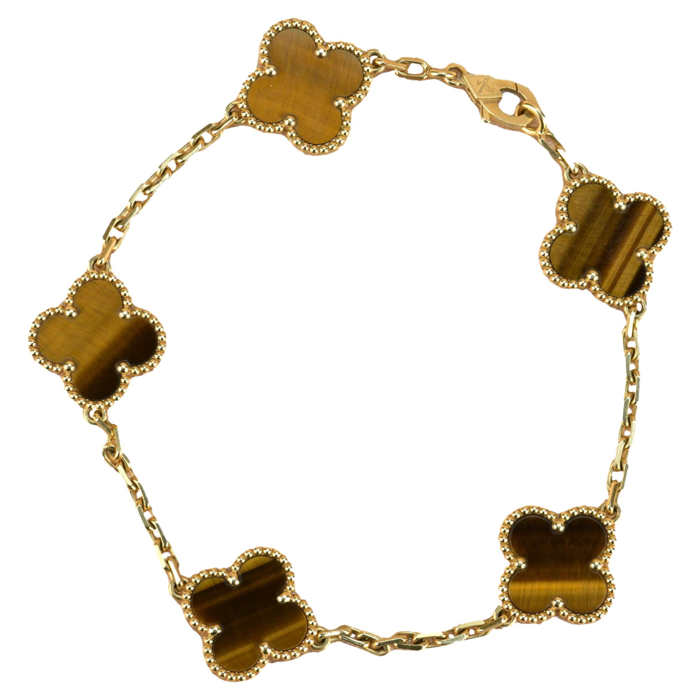 Van Cleef & Arpels Tiger's Eye Vintage Alhambra 5 Motif Gold Bracelet