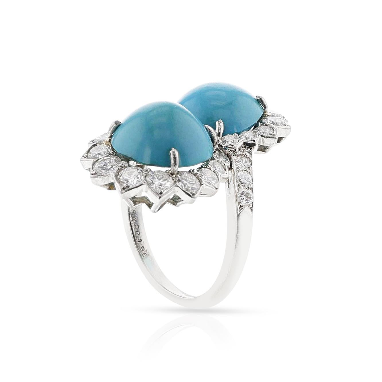 Cabochon Van Cleef & Arpels Toi et Moi Turquoise and Diamond Ring, Platinum