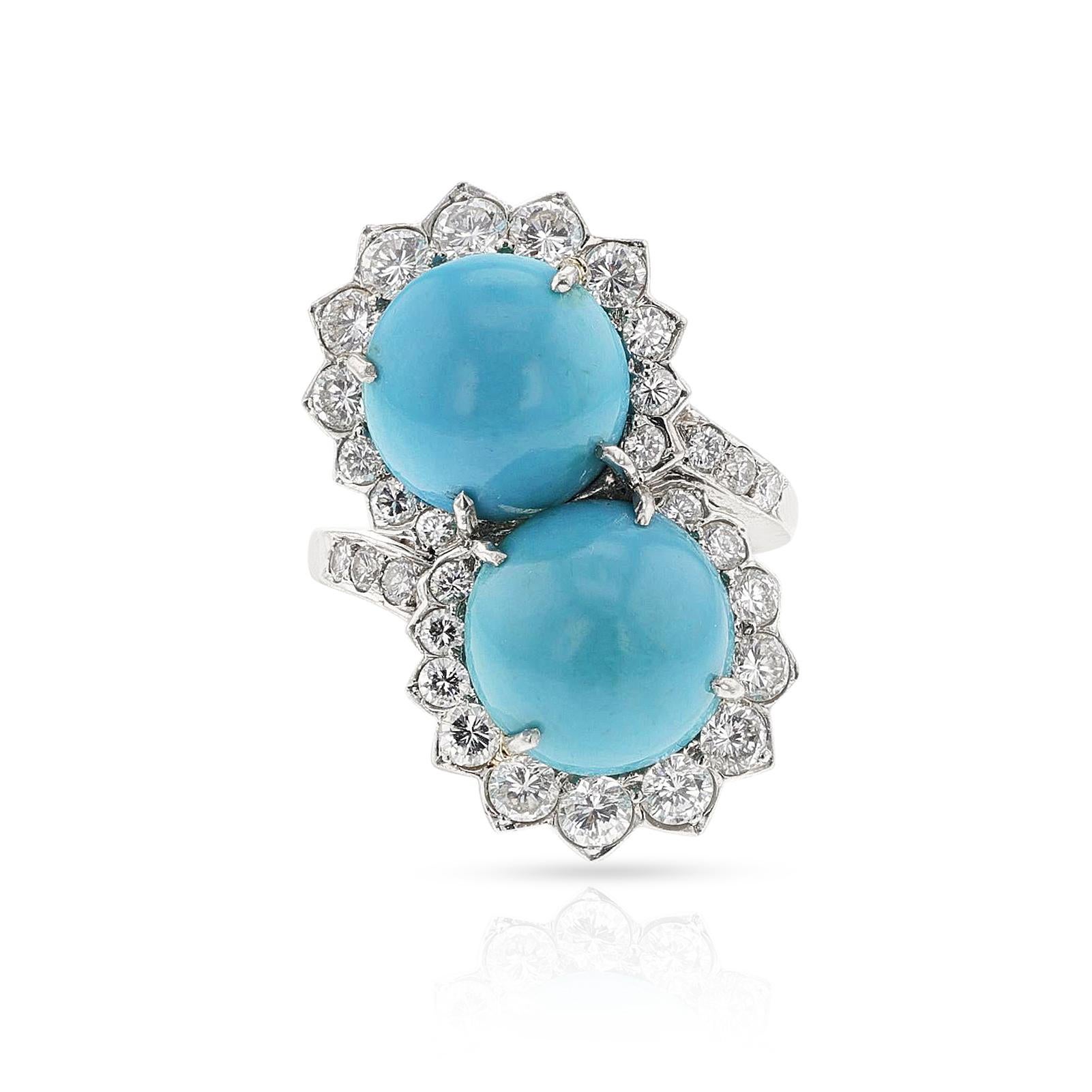 Women's or Men's Van Cleef & Arpels Toi et Moi Turquoise and Diamond Ring, Platinum