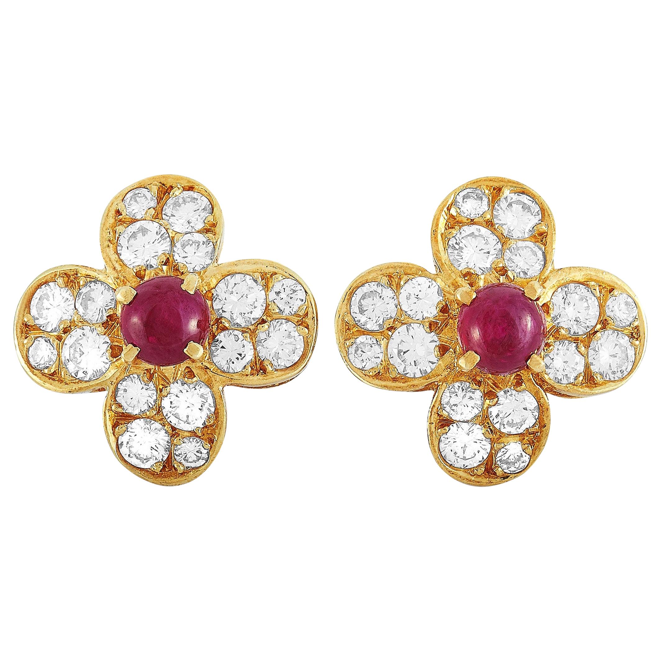 Van Cleef & Arpels Trefle 18 Karat Gold 0.82 Carat Diamond and Ruby Earrings
