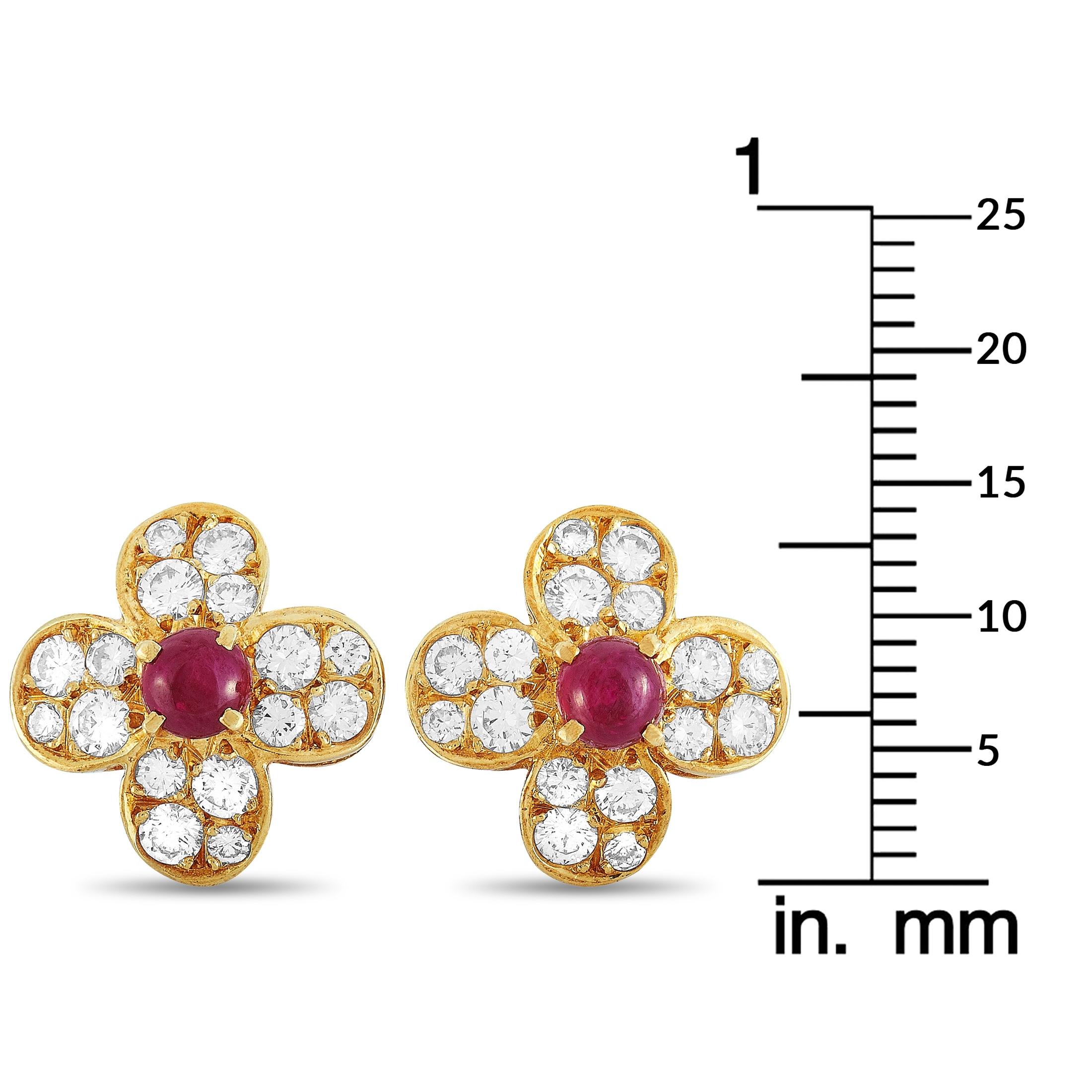 Round Cut Van Cleef & Arpels Trefle 18 Karat Gold 0.82 Carat Diamond and Ruby Earrings