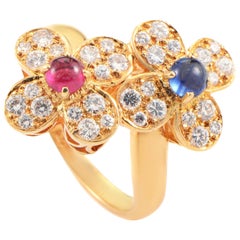 Van Cleef & Arpels Trefle 18K White Gold 0.63 Ct Diamond, Sapphire and Ruby Ring
