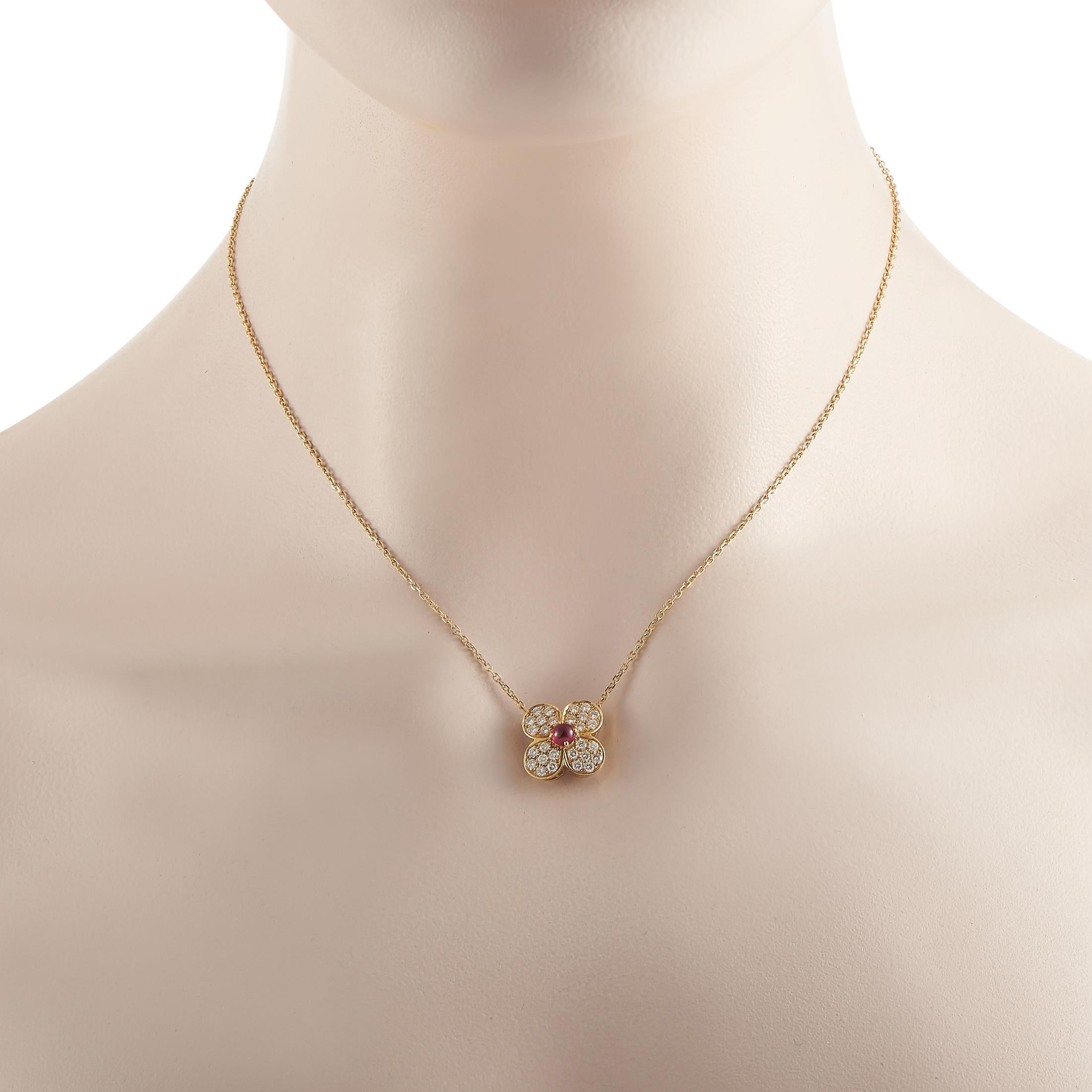 This necklace from Van Cleef & Arpels is elegant, exquisite, and understated. Crafted from 18K Yellow Gold, it features a pendant measuring 0.5” round suspended at the center of a 16” chain. The iconic clover-shaped pendant is accented by diamonds