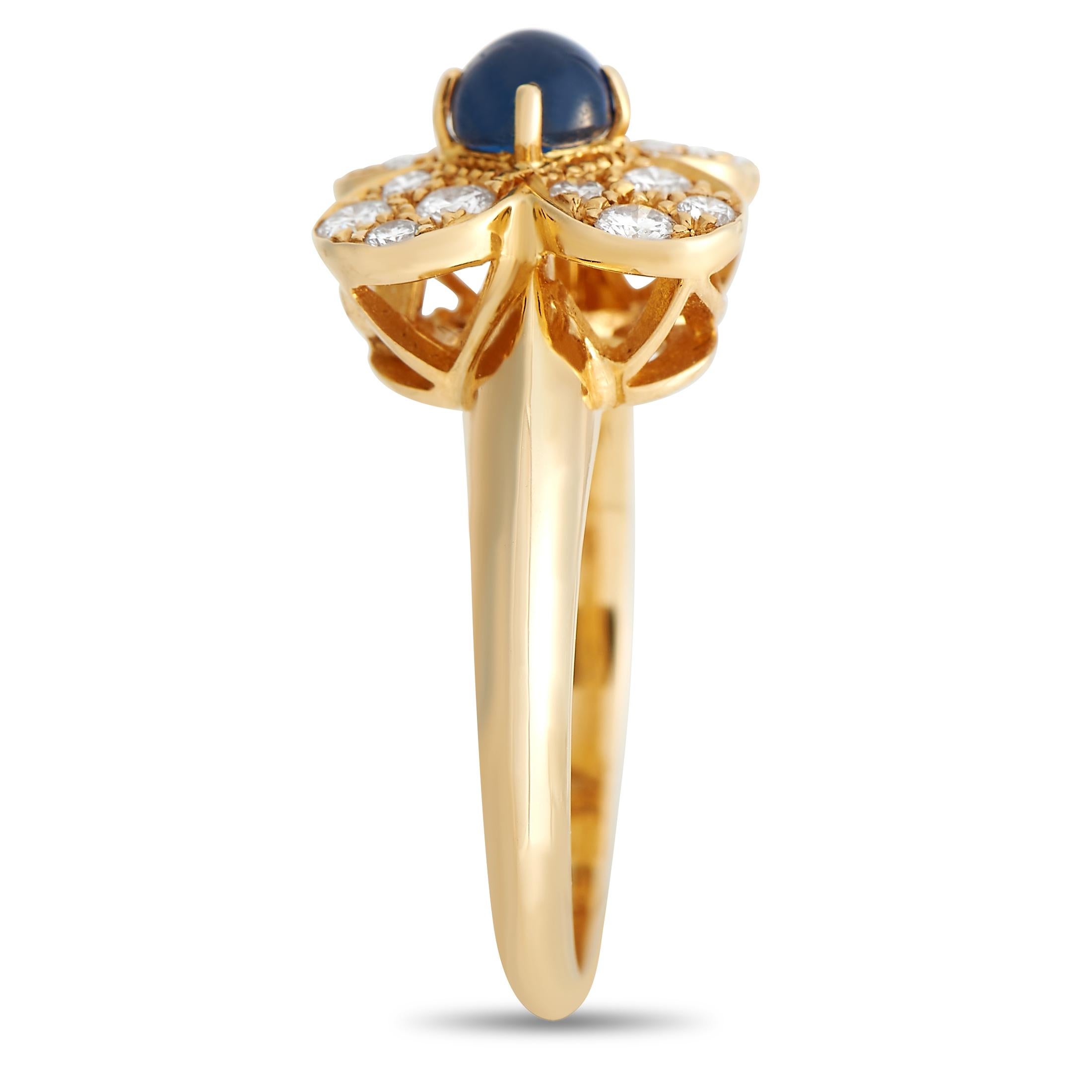 This Van Cleef & Arpels Trefle is a classic accessory that will never go out of style. A Sapphire cabochon makes a statement at the center of the clover motif, which is also elevated by sparkling inset diamonds. This piece’s 18K Yellow Gold setting
