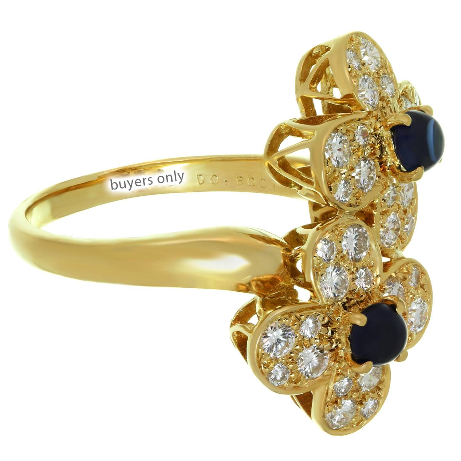 Van Cleef & Arpels Trefle Diamond Sapphire Yellow Gold Double Flower Ring 1