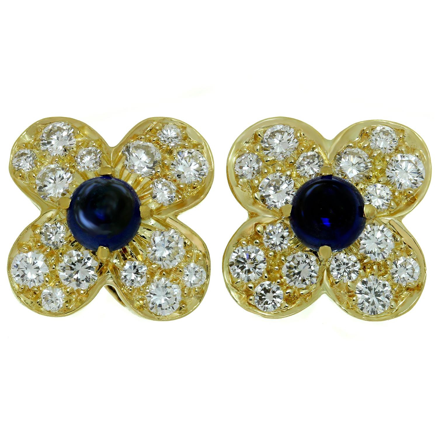 Van Cleef & Arpels Trefle Diamond Sapphire Yellow Gold Flower Earrings