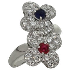 Vintage Van Cleef & Arpels Trefle Double Flower Diamond Ruby Sapphire White Gold Ring