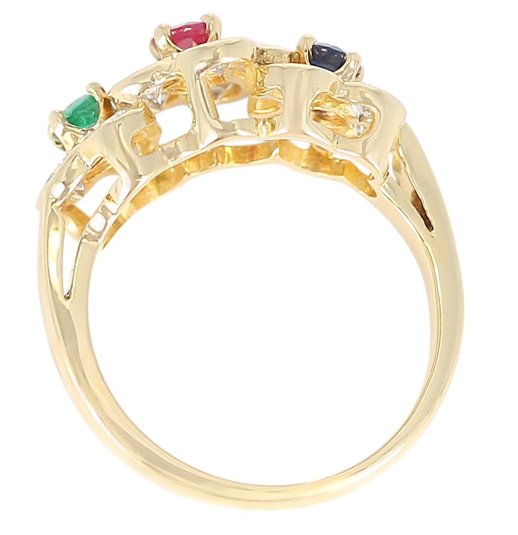 A Van Cleef & Arpels Floral-Trio with Emerald, Ruby, and Sapphire Flowers with Diamonds in 18 Karat Yellow Gold with an Original VCA Box and a copy of the Original VCA Papers. Total Weight: 4.24 grams, Ring Size US 4.50. 

SKU: 164-CEAJQW