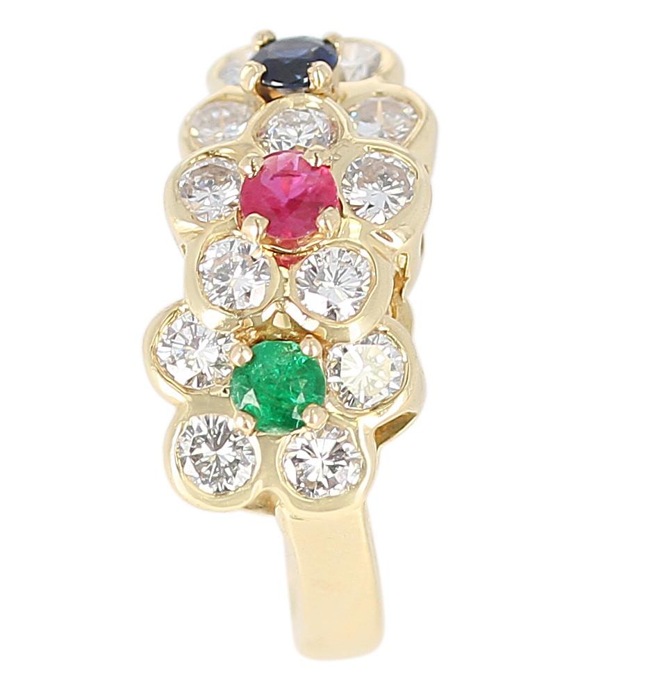 Round Cut Van Cleef & Arpels Tri-Floral Emerald, Ruby, Sapphire and Diamond Ring For Sale