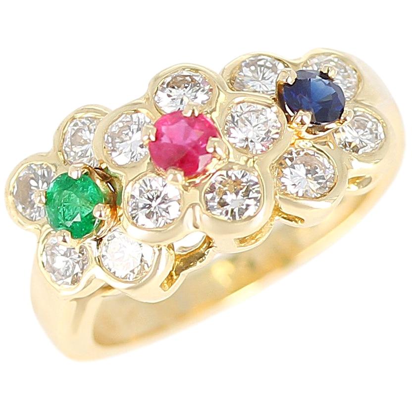 Van Cleef & Arpels Tri-Floral Emerald, Ruby, Sapphire and Diamond Ring For Sale