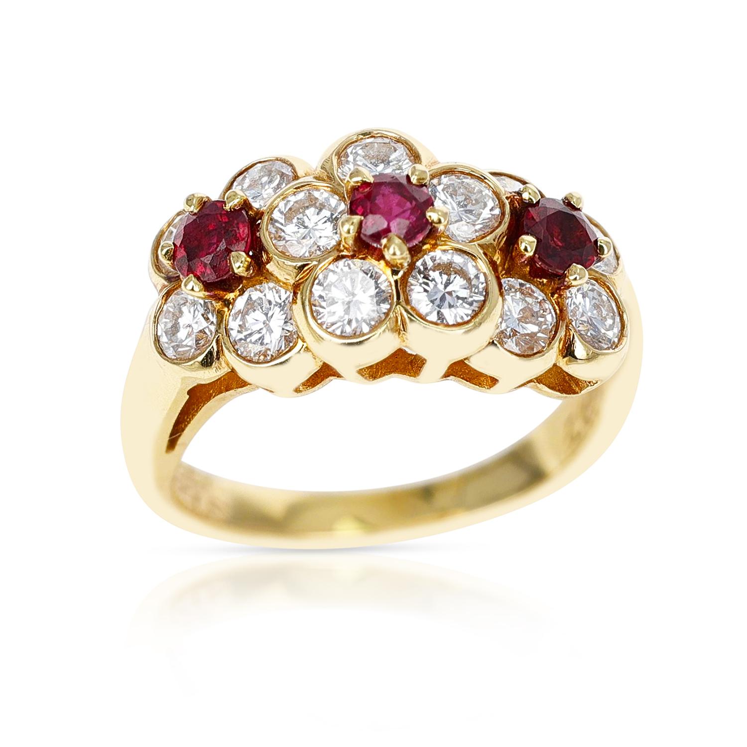 Round Cut Van Cleef & Arpels Tri-Floral Ruby and Diamond Ring, 18k Yellow Gold