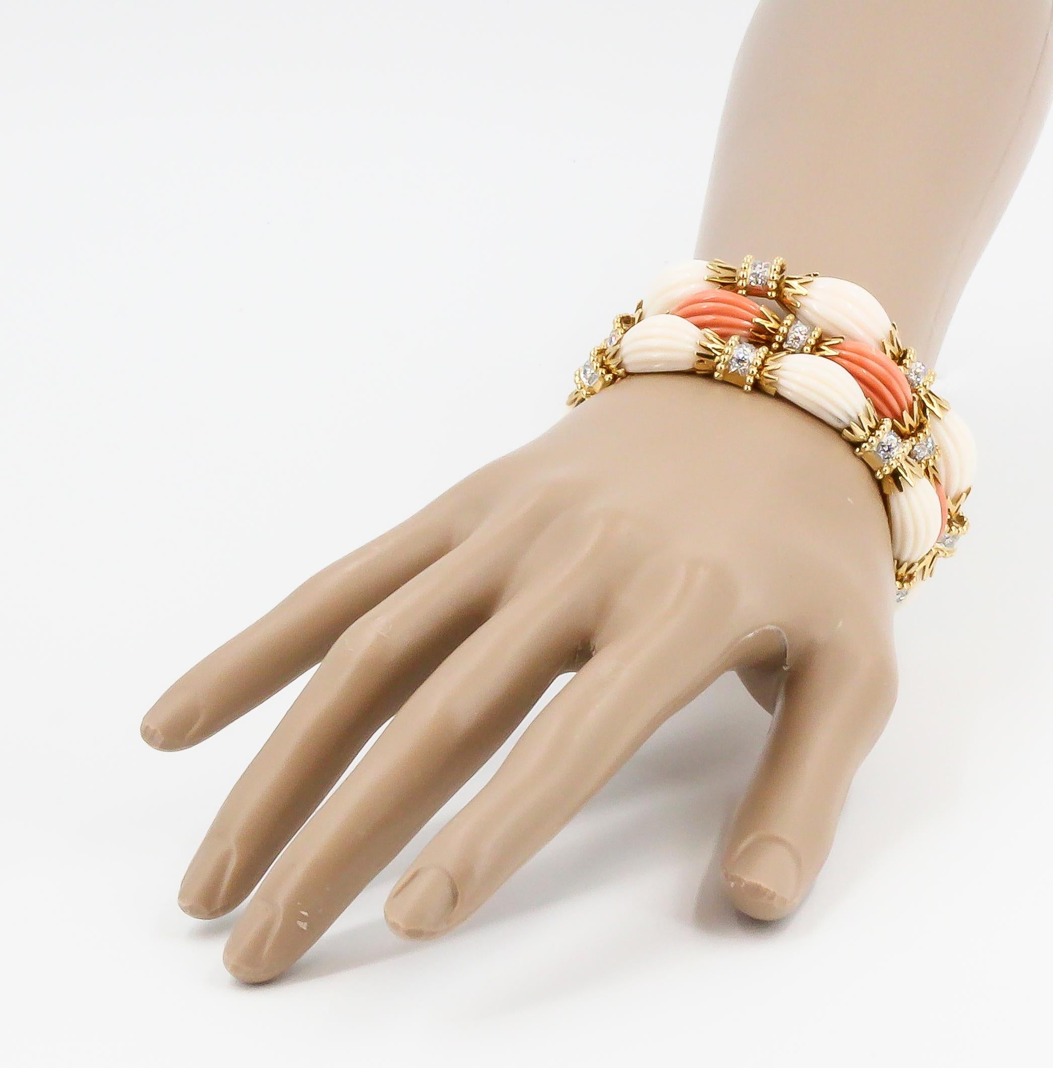 Van Cleef & Arpels Trio Set Diamond, Coral Gold and Platinum Bracelets In Excellent Condition In New York, NY
