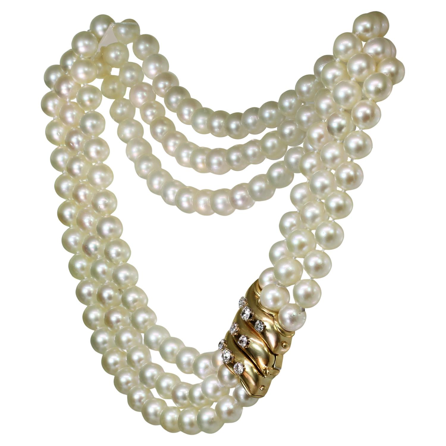 Old European Cut Van Cleef & Arpels Triple String Cultured Pearl Diamond Gold Necklace For Sale
