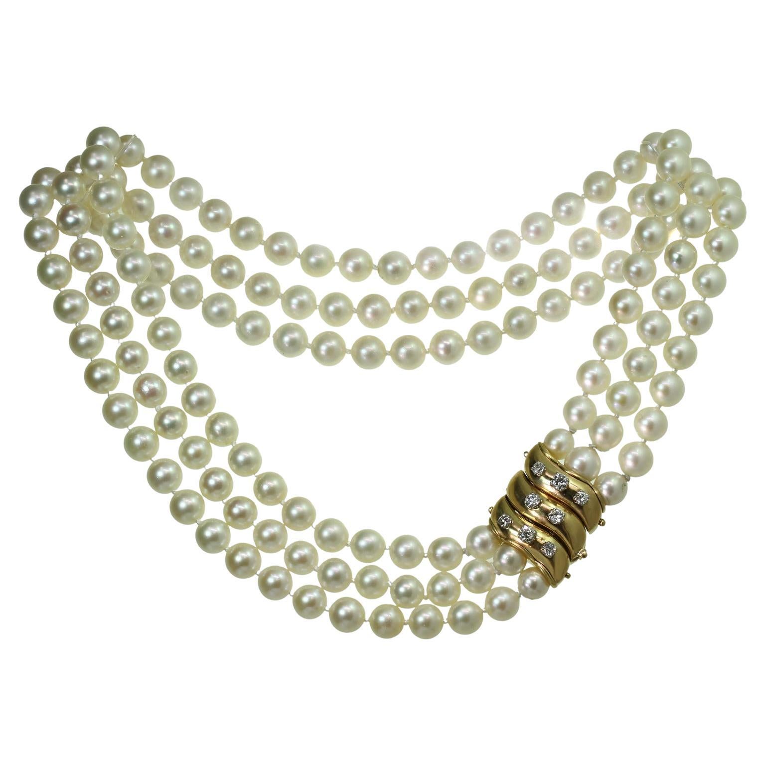 Van Cleef & Arpels Triple String Cultured Pearl Diamond Gold Necklace For Sale