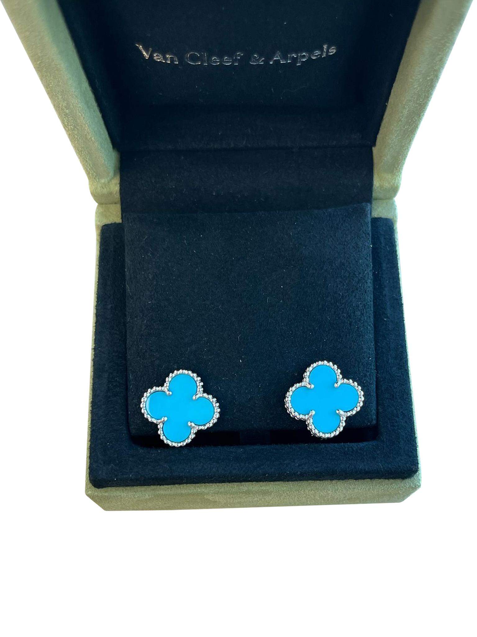 Van Cleef & Arpels Pendientes Alhambra Vintage Turquesa Oro Blanco 18K en venta 4