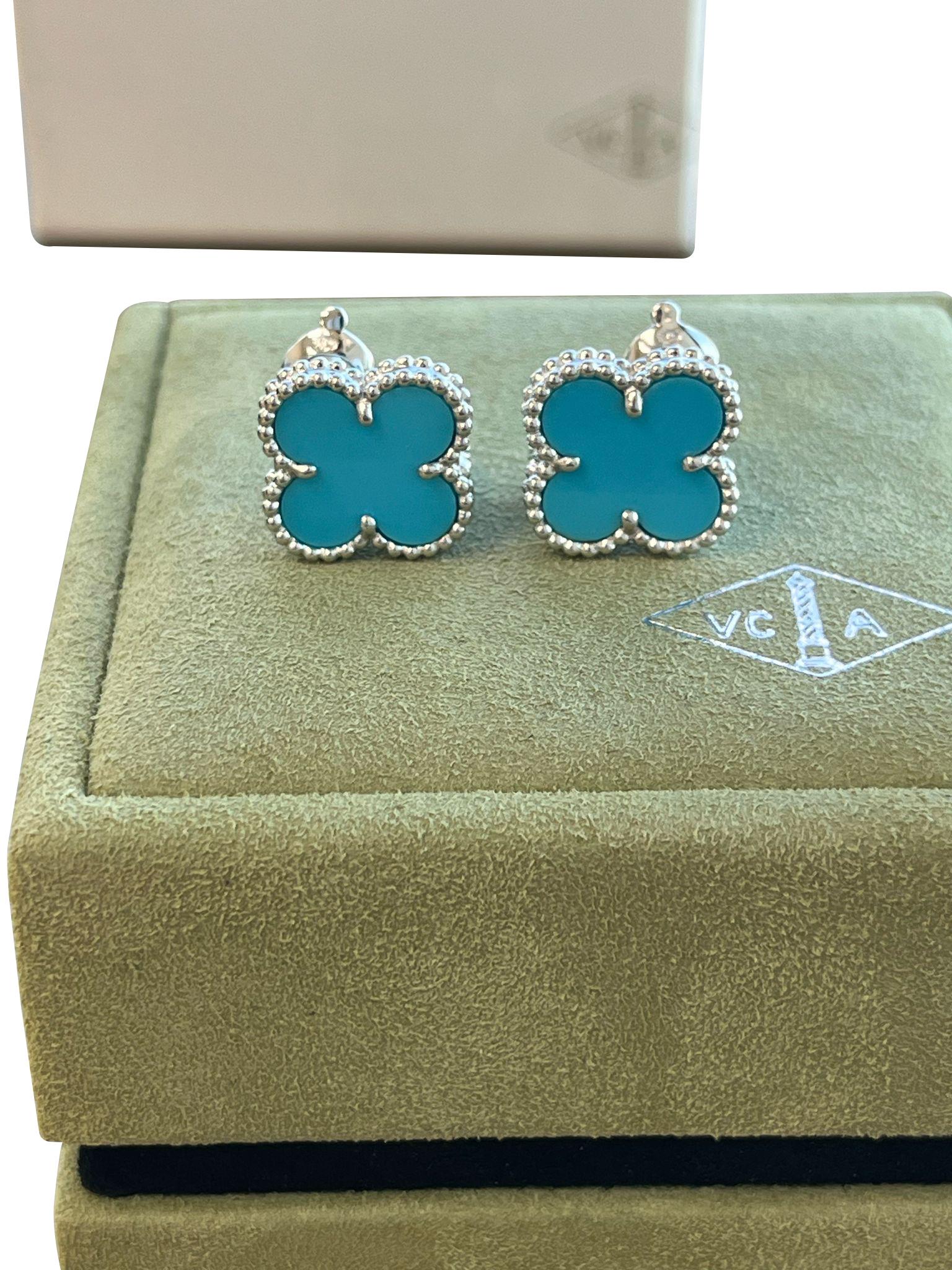 Van Cleef & Arpels Pendientes Alhambra Vintage Turquesa Oro Blanco 18K en venta 6