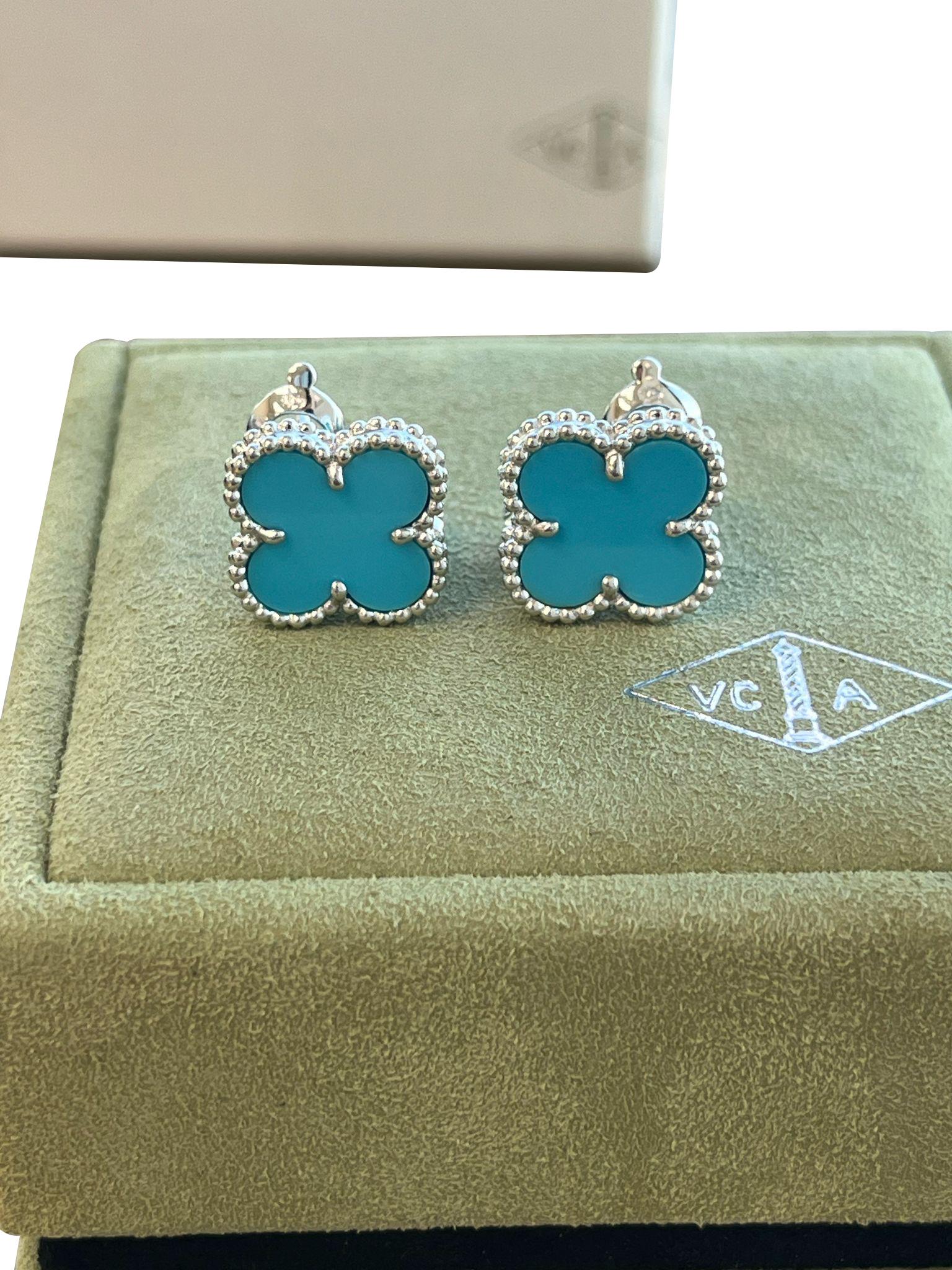 Van Cleef & Arpels Pendientes Alhambra Vintage Turquesa Oro Blanco 18K en venta 7