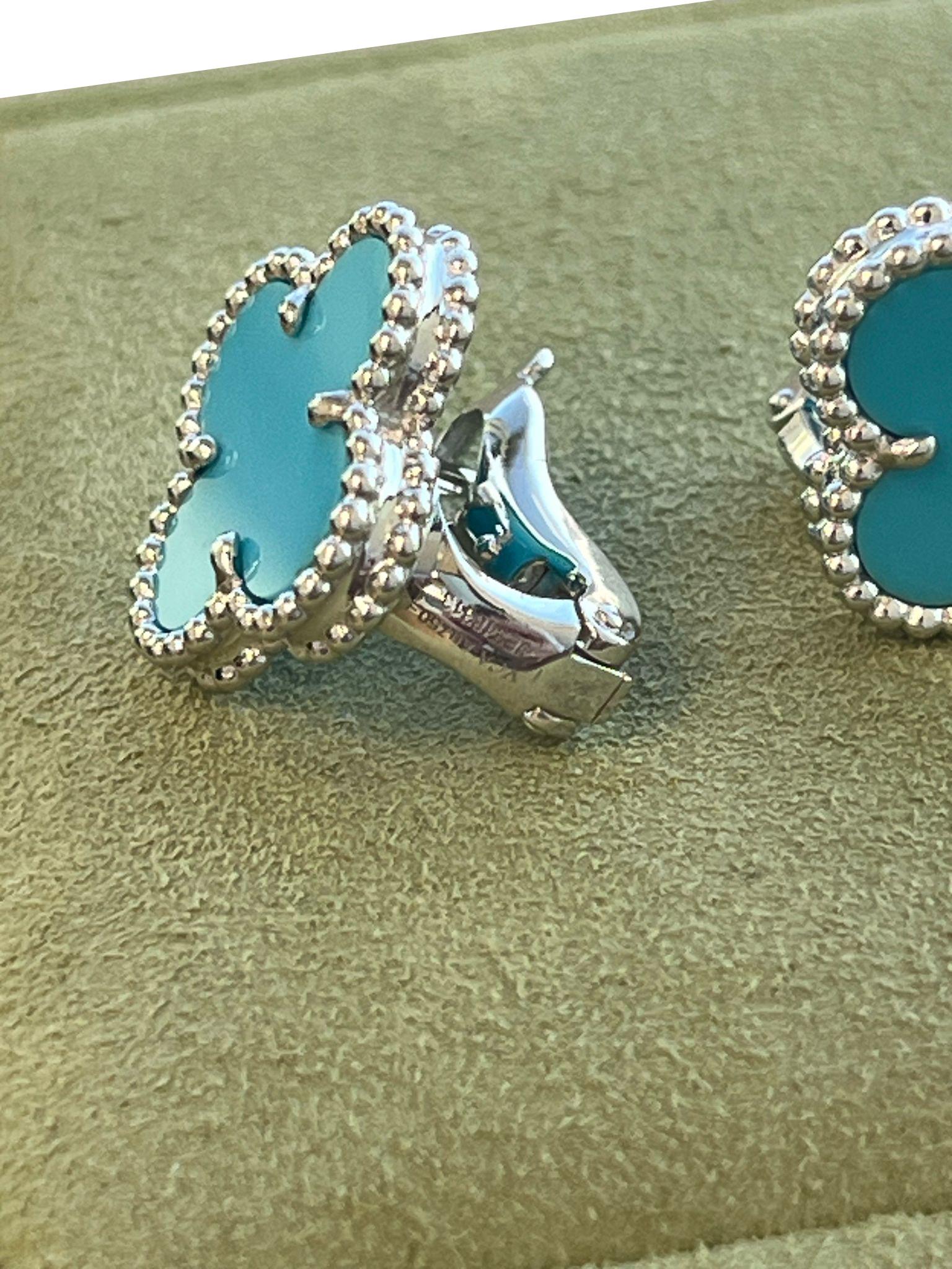 Van Cleef & Arpels Pendientes Alhambra Vintage Turquesa Oro Blanco 18K en venta 10