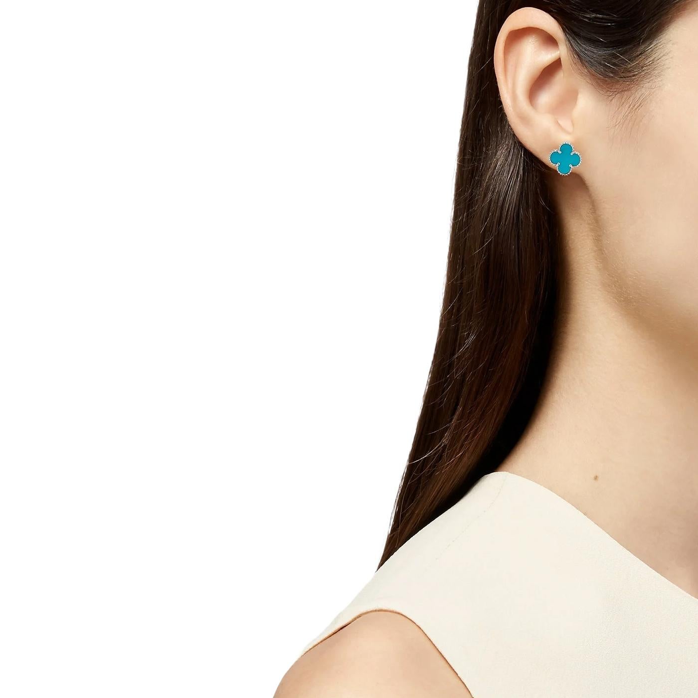 Van Cleef & Arpels Pendientes Alhambra Vintage Turquesa Oro Blanco 18K en venta 13