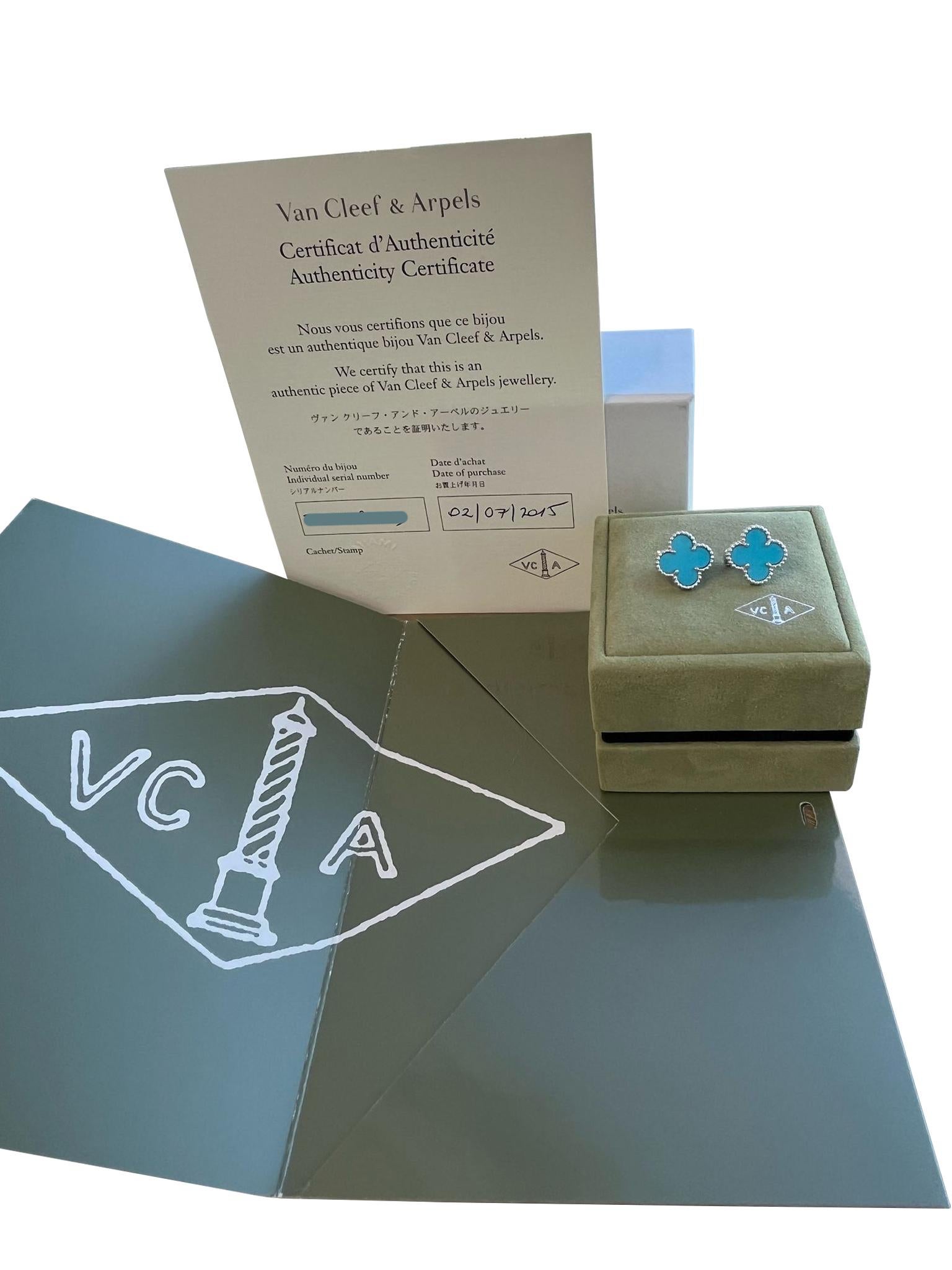 De las mujeres Van Cleef & Arpels Pendientes Alhambra Vintage Turquesa Oro Blanco 18K en venta
