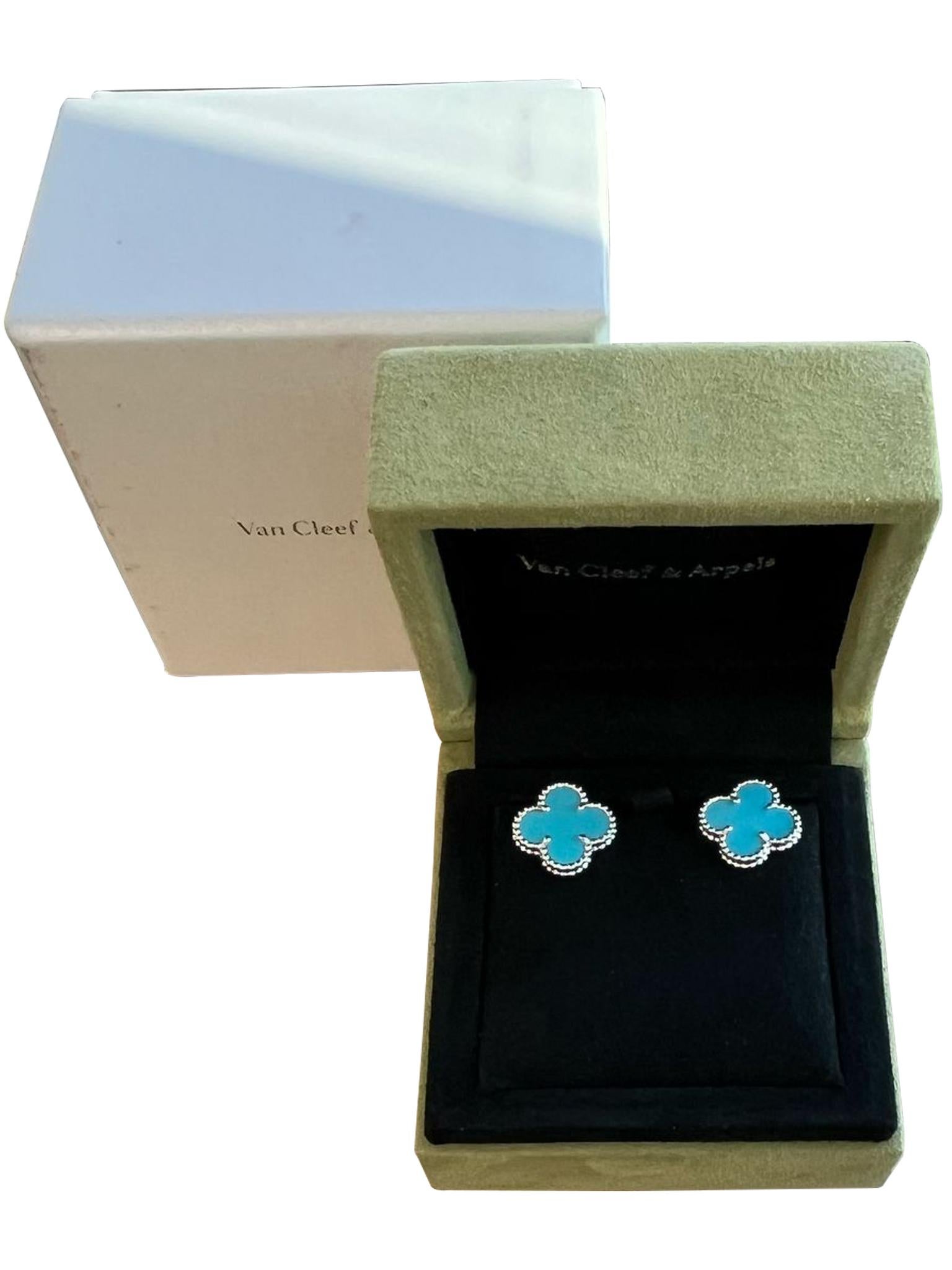Van Cleef & Arpels Pendientes Alhambra Vintage Turquesa Oro Blanco 18K en venta 1