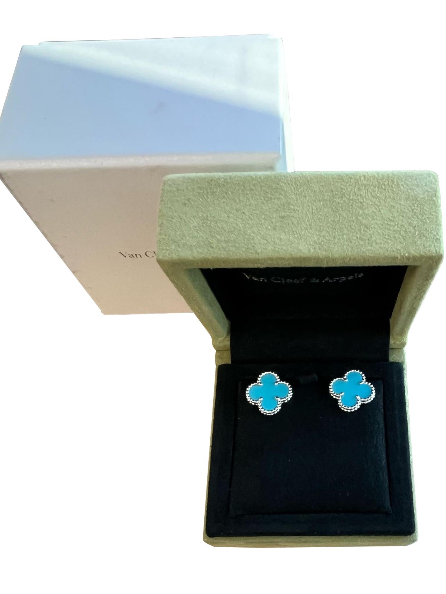 Van Cleef & Arpels Pendientes Alhambra Vintage Turquesa Oro Blanco 18K en venta 2