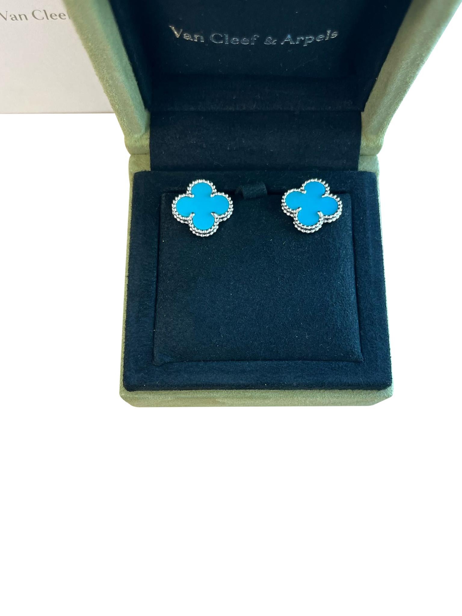Van Cleef & Arpels Pendientes Alhambra Vintage Turquesa Oro Blanco 18K en venta 3