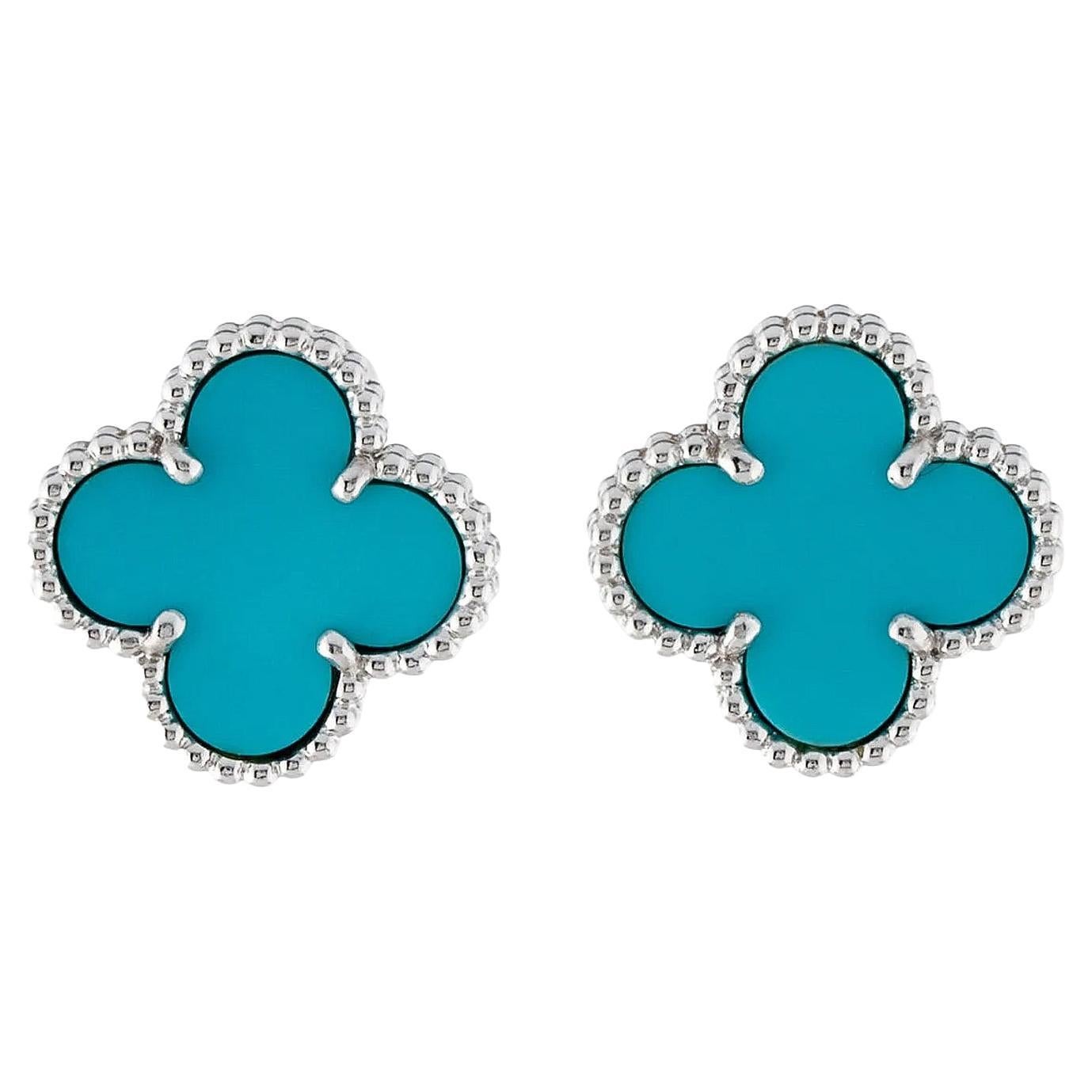 Van Cleef & Arpels Turqouise Vintage Alhambra Earrings 18K White Gold