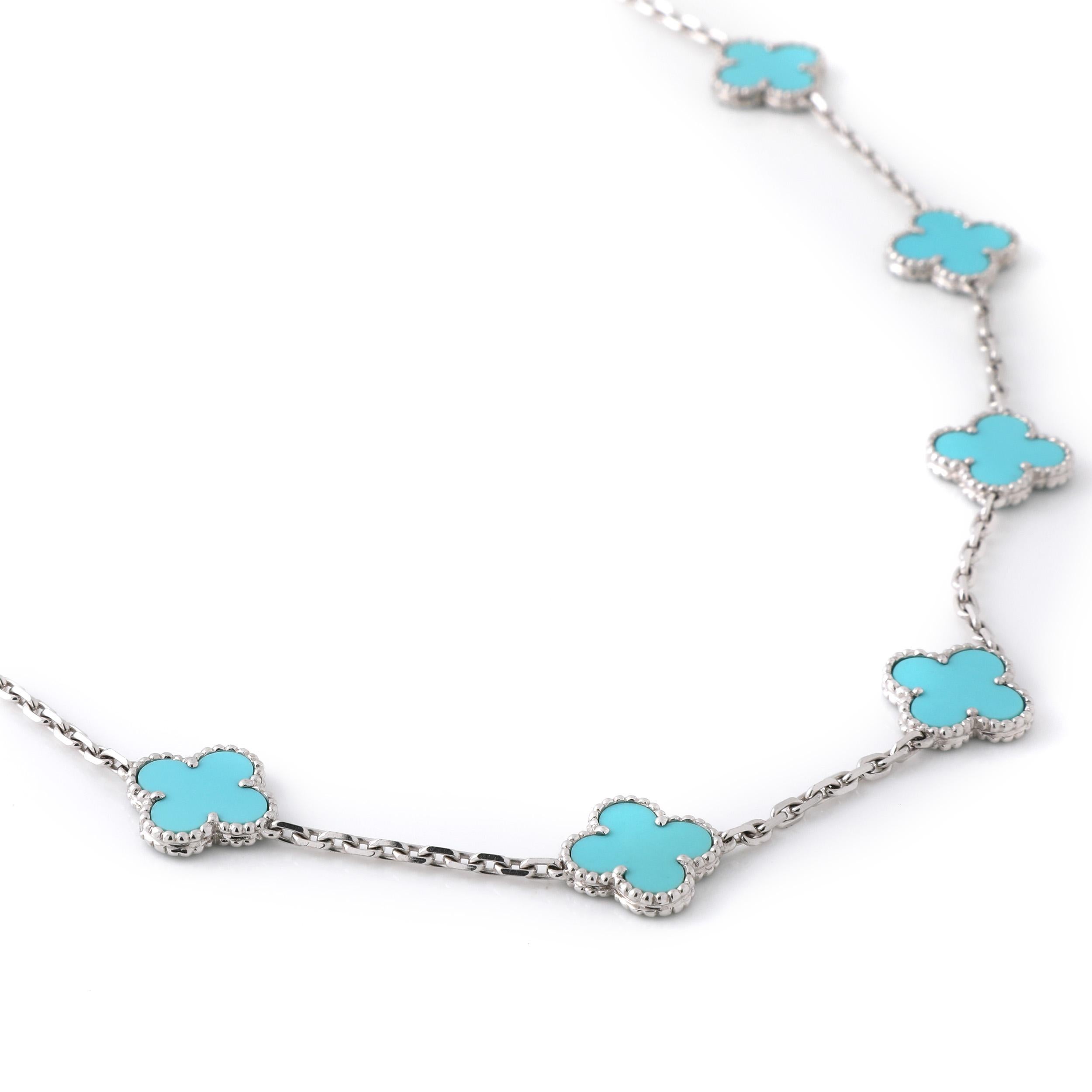 Van Cleef & Arpels Türkis 20 Motiv Vintage Alhambra Halskette 18k Weißgold (Gemischter Schliff)