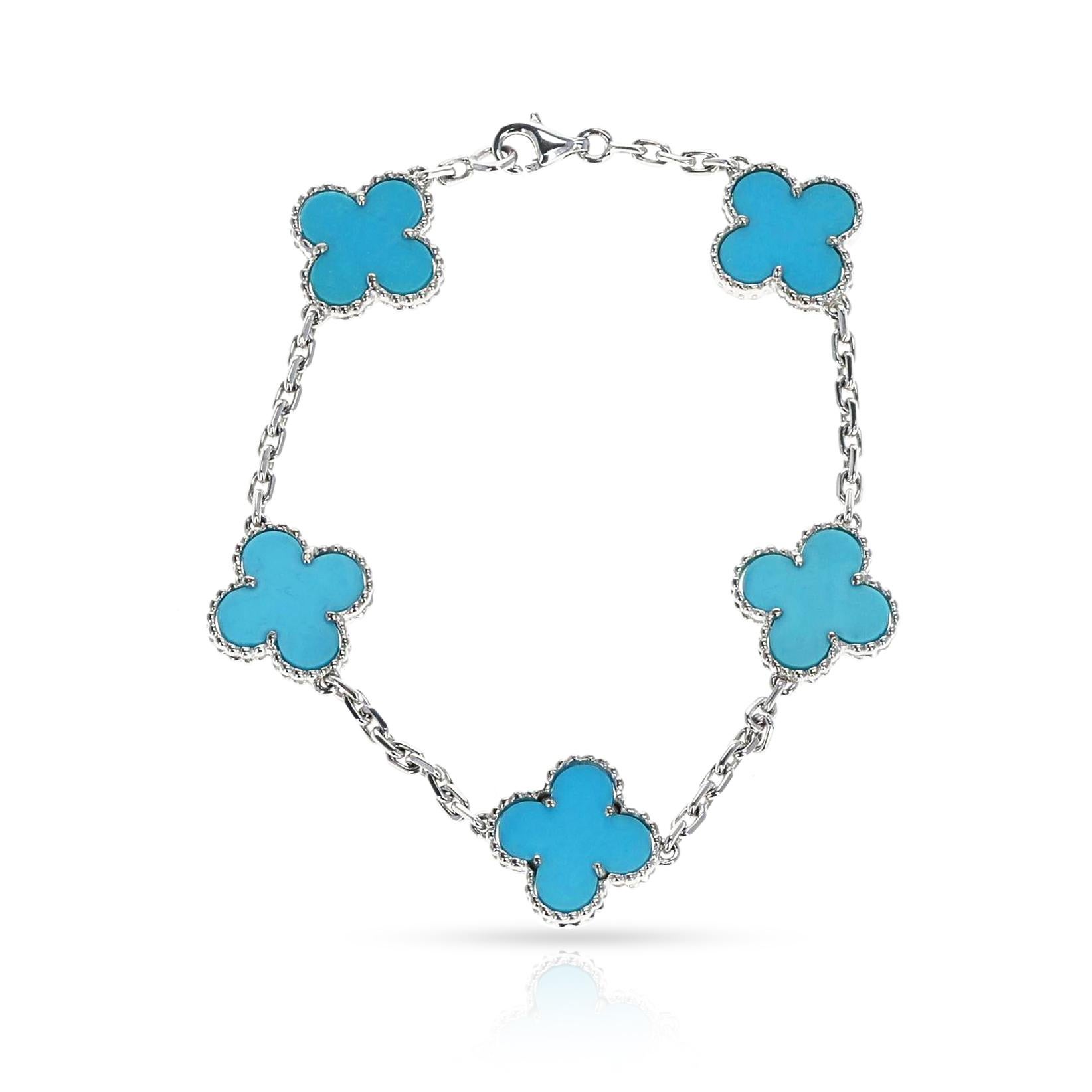 This timeless Van Cleef & Arpels Turquoise 5-Motif Alhambra Bracelet is crafted from 18K gold for a luxurious look. Its classic design is perfect for all occasions, offering a touch of elegance and sophistication. Total Weight: 10.46 grams. 


SKU