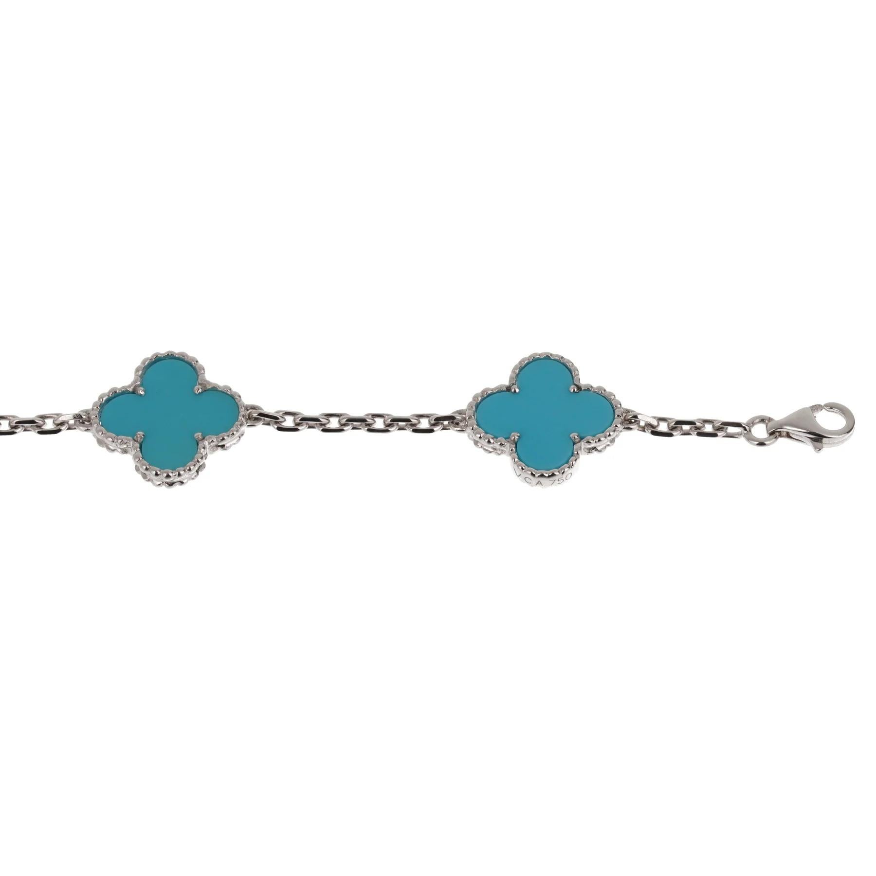 Mixed Cut Van Cleef & Arpels Turquoise 5 Motif Vintage Alhambra 18k White Gold Bracelet For Sale