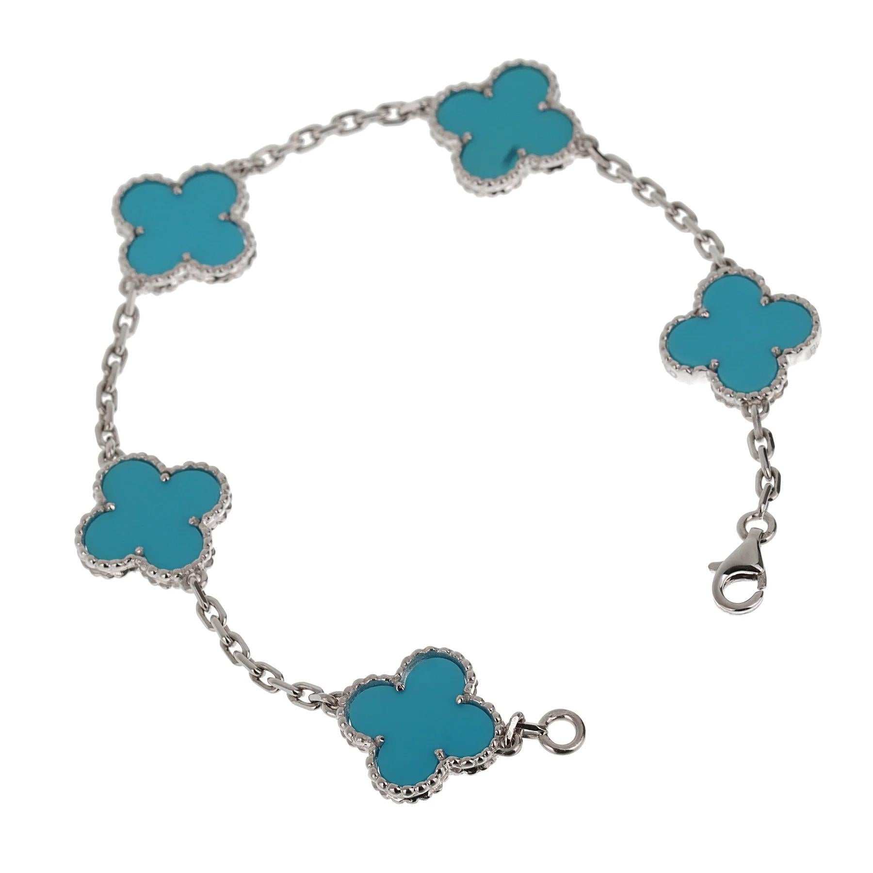 Van Cleef & Arpels Turquoise 5 Motif Vintage Alhambra 18k White Gold Bracelet In Excellent Condition For Sale In Feasterville, PA