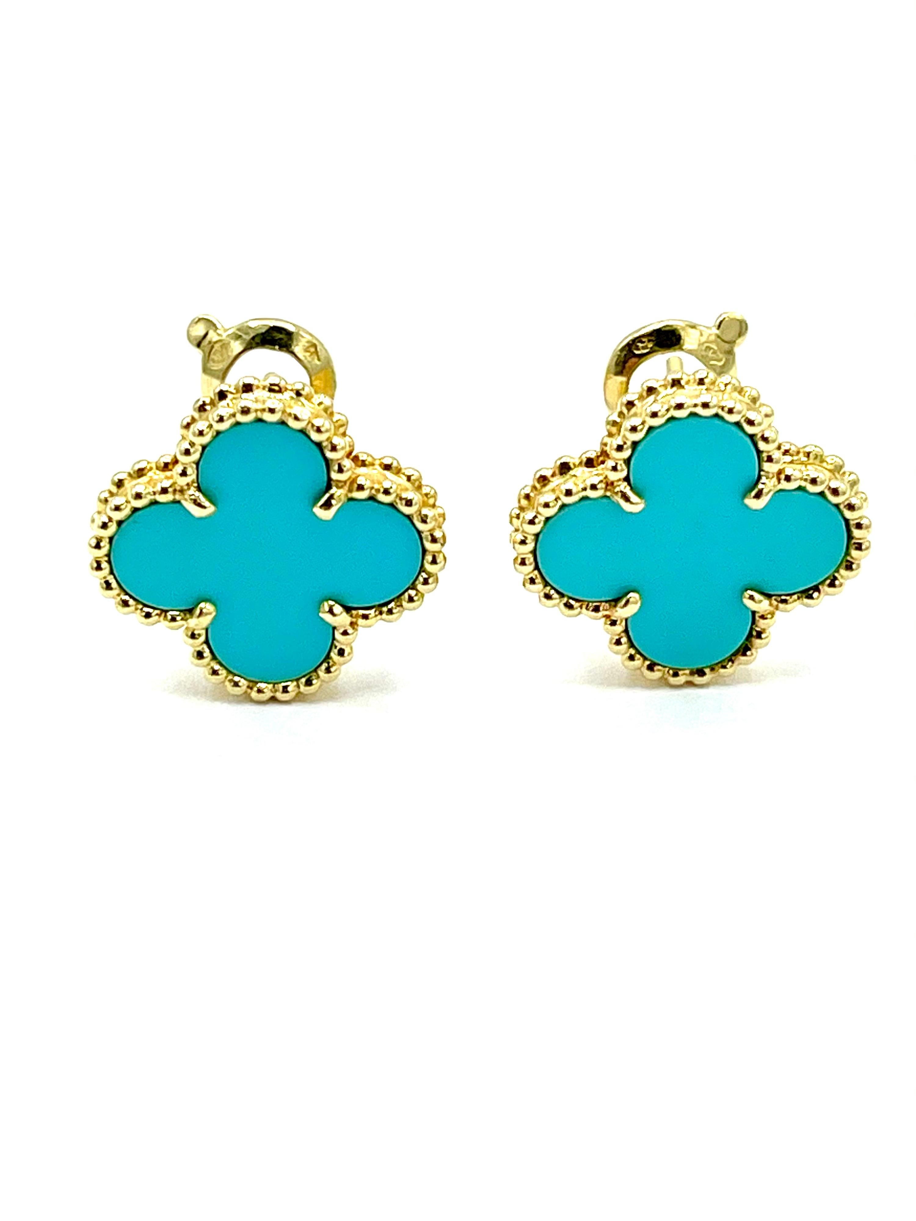The highly sought after Alhambra collection by Van Cleef & Arpels.  These 18k yellow gold earrings feature a beautiful colored turquoise, measuring 15mm x 15mm each, with a post and clip back.  Signed 