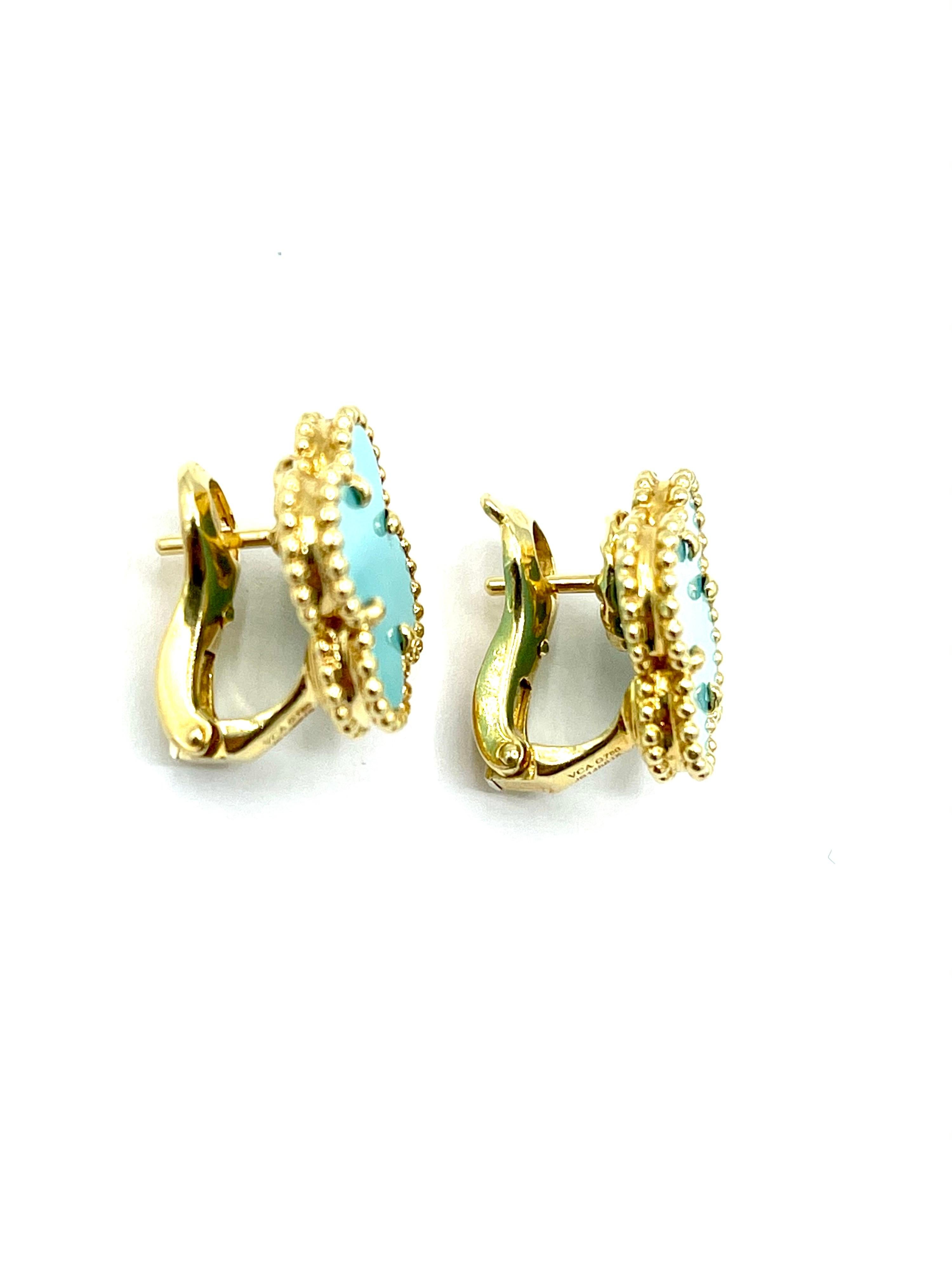 Uncut Van Cleef & Arpels Turquoise Alhambra 18K Yellow Gold Clip and Post Earrings