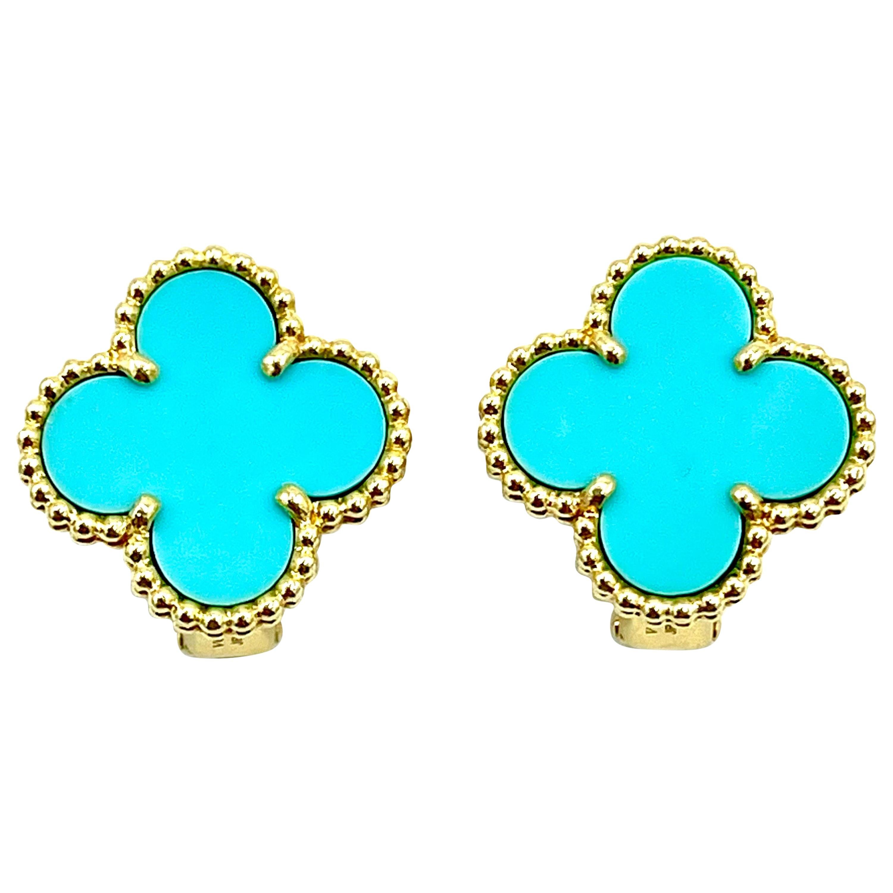 Van Cleef and Arpels Turquoise Alhambra 18K Yellow Gold Clip and Post  Earrings at 1stDibs