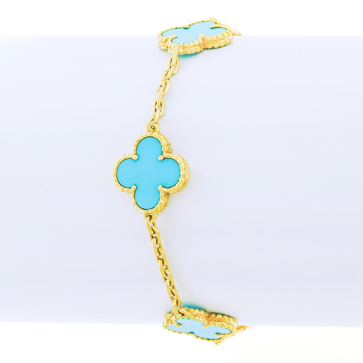 Van Cleef & Arpels Turquoise Alhambra Bracelet In Excellent Condition In Litchfield, CT