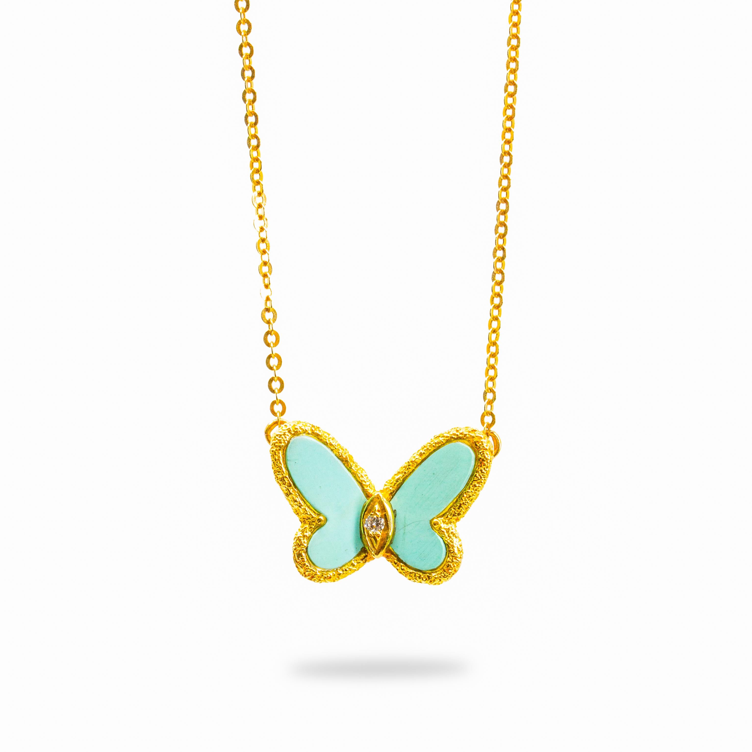 Offered is a Van Cleef & Arpels, New York, Turquoise and Diamond Butterfly 'Alhambra' Necklace containing two carved turquoise plaques and one round brilliant cut diamond. Stamp: VCA NY 18K 4V477-244. 3.50 dwts.

About VCA:

In 1896, Esther Arpels,